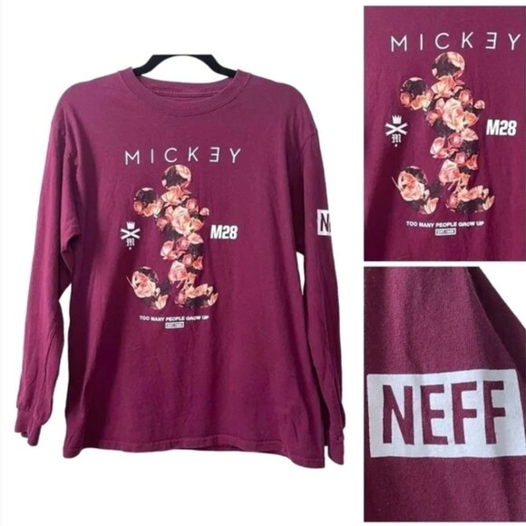 Neff X DISNEY Burgundy Floral Mickey Mouse Graphic Longsleeve M - Picture 3 of 6